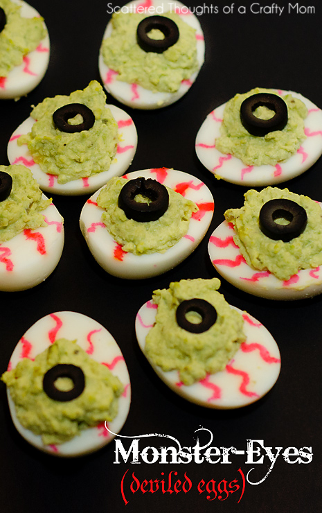 Halloween Inspired foods: Monster Eyes (deviled eggs) #halloween #Deviledeggs #avocado