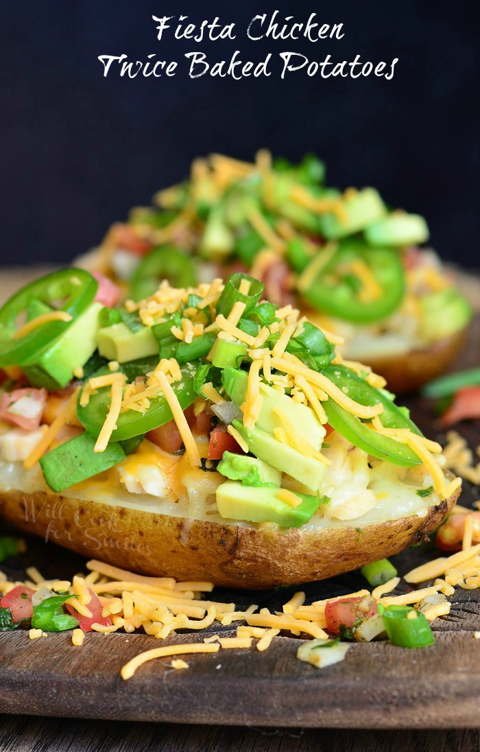 Baked potatoes stuffed with chicken, cheese, pico de gallo, avocado and jalapeños. These Twice Baked Potatoes are delicious and perfect for any day of the week! 