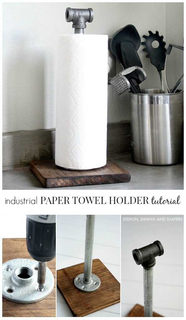 DIY Industrial Paper Towel Holder made from wood and plumbing pipes.