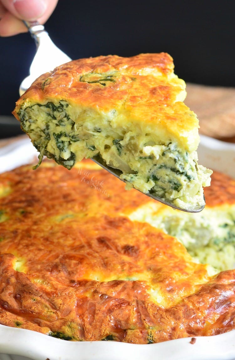 Spinach Artichoke Crustless Quiche. This crustless quiche is made with fresh spinach, artichoke hearts and lots of cheese.